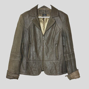Tribal Leather Full Zip Collared Jacket Brown Women 8 Zip Pockets Leather Cuffed